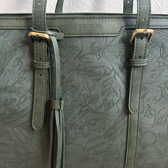 Leather Style Embossed Floral Forest Green Women's Tote Bag - Picture 8 of 15